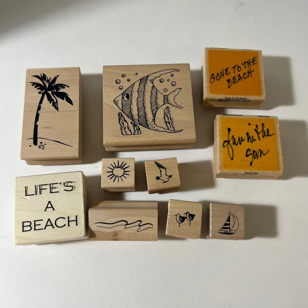 10pc Beach Tropical Wood Mounted Rubber Stamp Lot Palm Tree Fish Nautical Craft